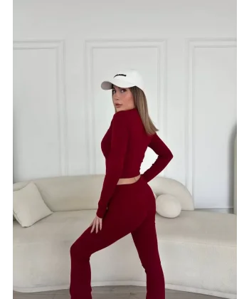 V yaka uzun kollu bluz İspanyol paçalı tayt İkili Takım - Bordo