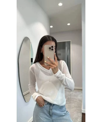 V Yaka uzun Kollu Triko ince Bluz - Beyaz