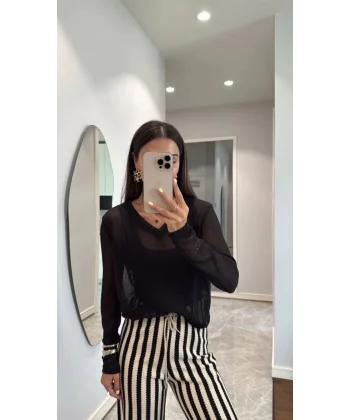 V Yaka uzun Kollu Triko ince Bluz - Siyah