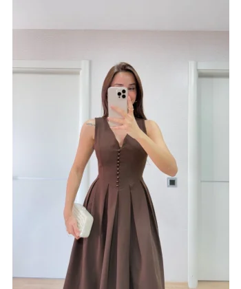 V Yaka Uzun Kolsuz Elbise- Kahverengi