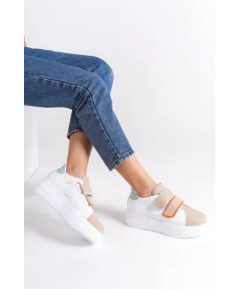 VALENCIA Bağcıksız Cırt Cırtlı Ortopedik Taban Kadın Sneaker Spor Ayakkabı CBT - Beyaz/Ten/Mavi