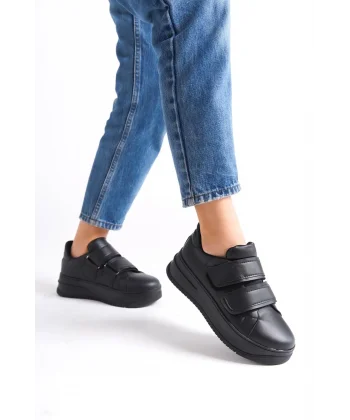 VALENCIA Bağcıksız Cırt Cırtlı Ortopedik Taban Kadın Sneaker Spor Ayakkabı CST - Siyah