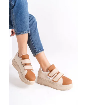 VALENCIA Bağcıksız Cırt Cırtlı Ortopedik Taban Kadın Sneaker Spor Ayakkabı CTT - Ten/Kahve