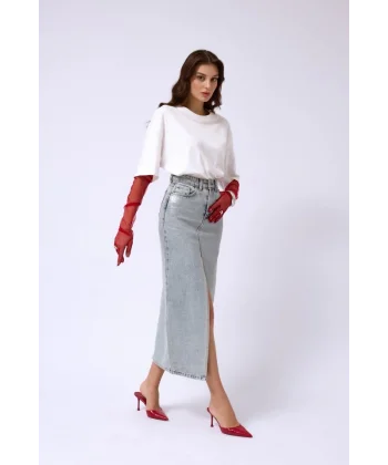 Varak Baskılı Yırtmaçlı Maxi Denim Etek