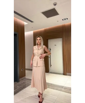 Vatkalı Yelek Etek İkili Takım