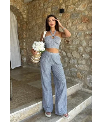Vesna Keten Çizgili Crop Takım 9806-0025