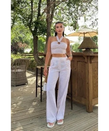 Vesna Keten Çizgili Crop Takım 9806-0025