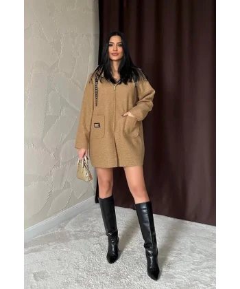 Vizon Armalı Kapşonlu Peluş Ceket