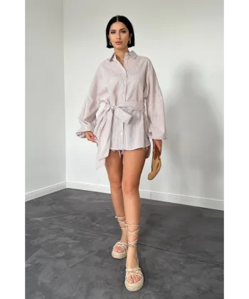 Vizon Çizgili Poplin Kuşaklı Gömlek