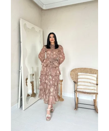 Vizon Valonlu Şeritli Kat Kat Elbise