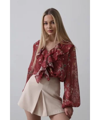 Volanlı Çiçek Desen Şifon Gömlek - Bordo