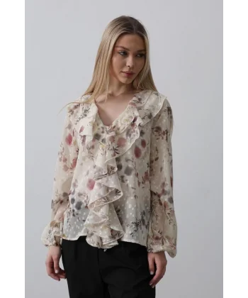 Volanlı Çiçek Desen Şifon Gömlek - Krem