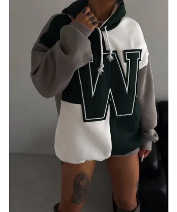 W Nakış İşlemeli Kapüşonlu Sweatshirt - Yeşil
