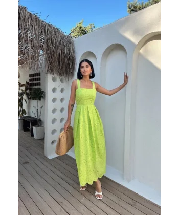 Yağ Yeşili Askılı Aparatlı Brode Elbise