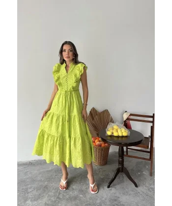 Yağ Yeşili Fırfırlı Düğmeli Elbise