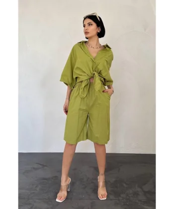Yağ Yeşili Kısa Kollu Keten Gömlek Ve Şort Takım