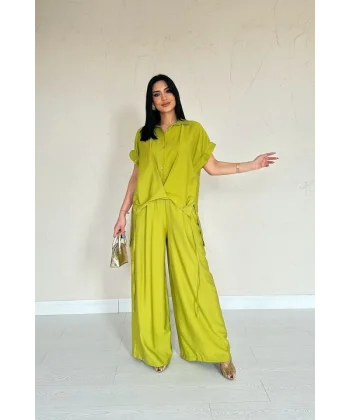 Yağ Yeşili Önü Pileli İkili Keten Takım