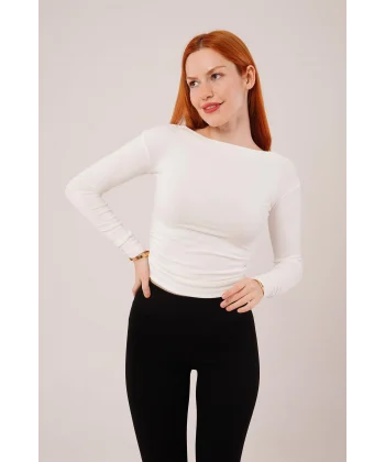 Yaka Detay Uzun Kollu Basic Beyaz Bluz