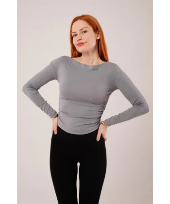 Yaka Detay Uzun Kollu Basic Gri Bluz