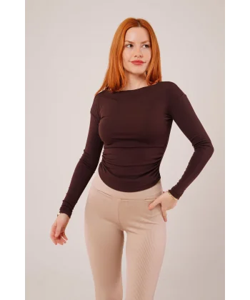 Yaka Detay Uzun Kollu Basic Kahverengi Bluz