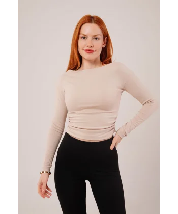 Yaka Detay Uzun Kollu Basic Krem Bluz