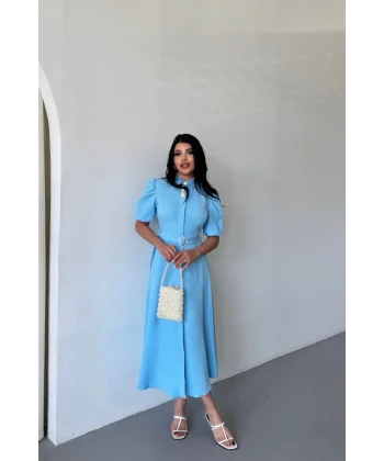 YAKA DÜĞME DETAYLI ELBİSE- Mavi