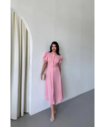 YAKA DÜĞME DETAYLI ELBİSE- Pembe