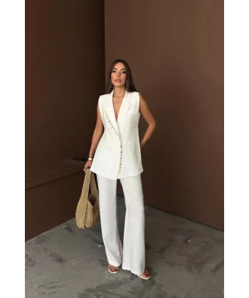 YAKA MİDYE KABUĞU SIRALI YELEK - PANTOLON  TAKIM KETEN KUMAŞ - Beyaz