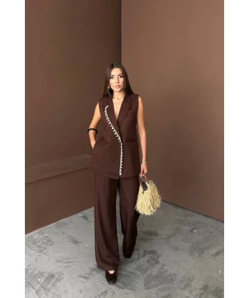 YAKA MİDYE KABUĞU SIRALI YELEK - PANTOLON  TAKIM KETEN KUMAŞ - Kahverengi
