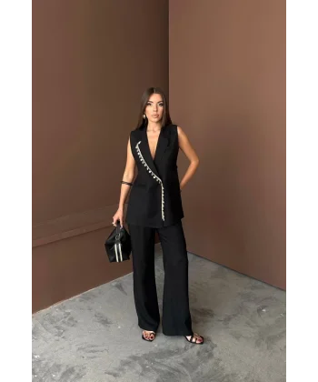 YAKA MİDYE KABUĞU SIRALI YELEK - PANTOLON  TAKIM KETEN KUMAŞ - Siyah