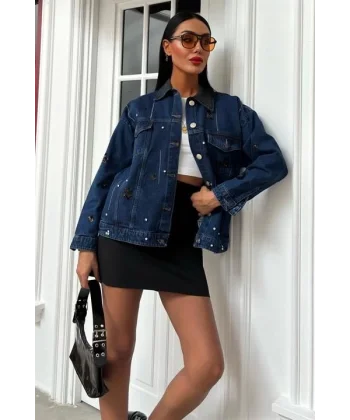 Yaka Siyah Garni Pul Payet Taşlı Oversize Denim Ceket 6125