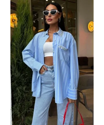 Yaka Ve Cebi Taşlı Çizgili Over Gömlek 3406