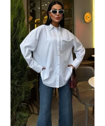 Yaka Ve Cebi Taşlı Çizgili Over Gömlek 3406