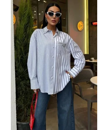 Yaka Ve Cebi Taşlı Çizgili Over Gömlek 3406