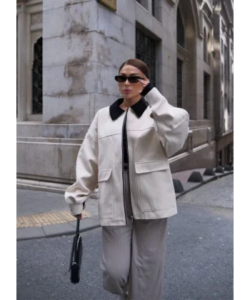 Yaka Ve Kol Kadife Gabardin Ceket  Beyaz