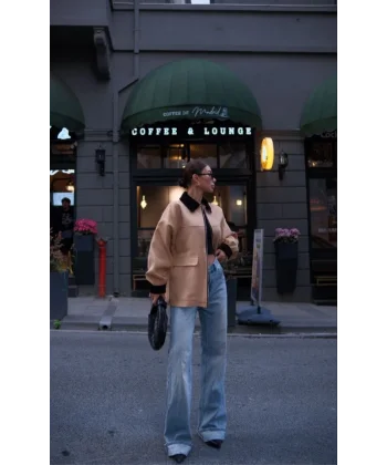 Yaka Ve Kol Kadife Gabardin Ceket  Kahve