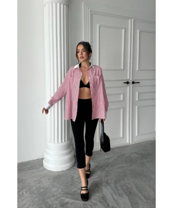 YAKA VE MANŞET BEYAZ  BOYFRİEND ÇİZGİLİ  POPLİN GÖMLEK - Bordo