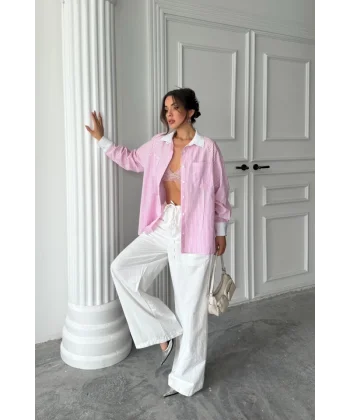YAKA VE MANŞET BEYAZ  BOYFRİEND ÇİZGİLİ  POPLİN GÖMLEK - Pembe
