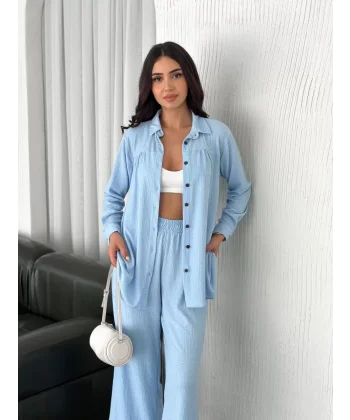 Yakalı Düğmeli Uzun Kollu Gömlek Pantolon ikili Takım - Bebek Mavisi