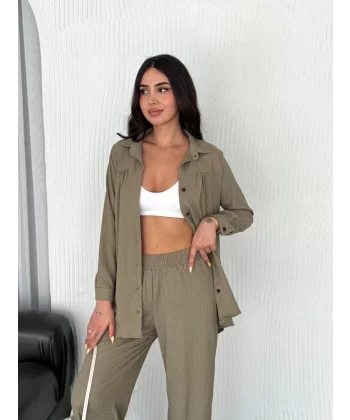 Yakalı Düğmeli Uzun Kollu Gömlek Pantolon ikili Takım - Bej