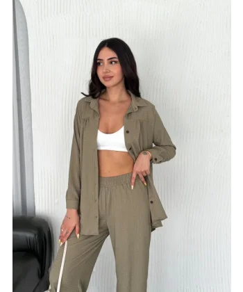 Yakalı Düğmeli Uzun Kollu Gömlek Pantolon Ikili Takım - Bej