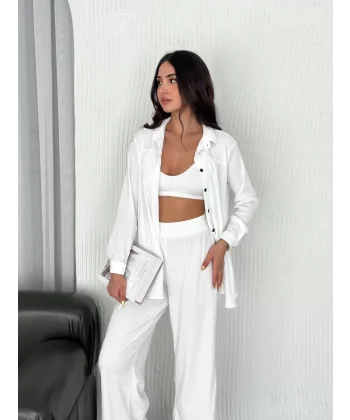 Yakalı Düğmeli Uzun Kollu Gömlek Pantolon ikili Takım - Beyaz
