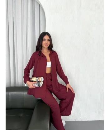 Yakalı Düğmeli Uzun Kollu Gömlek Pantolon Ikili Takım - Bordo