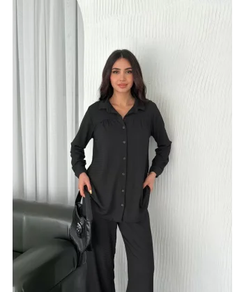 Yakalı Düğmeli Uzun Kollu Gömlek Pantolon ikili Takım - Siyah
