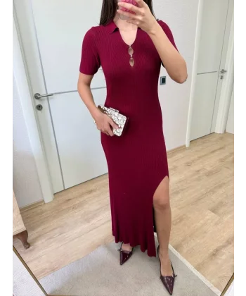 Yakalı Fitilli Kısa kollu Uzun Triko Elbise - Bordo