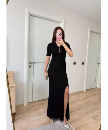 Yakalı Fitilli Kısa kollu  Uzun Triko Elbise - Siyah