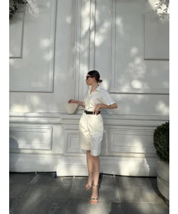 Yakalı Gömlek Kemerli Şortlu Takım - Beyaz