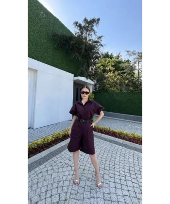 Yakalı Gömlek Kemerli Şortlu Takım - Bordo