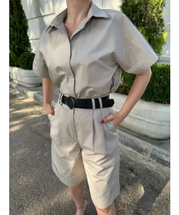 Yakalı Gömlek Kemerli Şortlu Takım - Gri