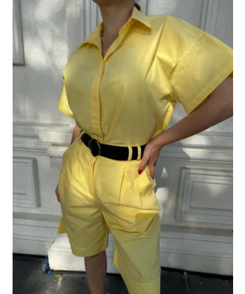 Yakalı Gömlek Kemerli Şortlu Takım - Sarı
